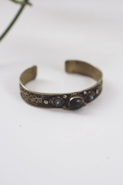 Traditional Tibetan Style Silver Cuff Bracelet Labradorite Turquoise Vintage Filigree Boho