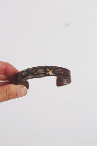 Vintage Silver Copper Brass Bird Cuff Bracelet Mountain Sun Landscape Artisan Handmade