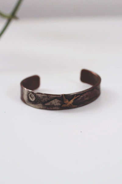Vintage Silver Copper Brass Bird Cuff Bracelet Mountain Sun Landscape Artisan Handmade