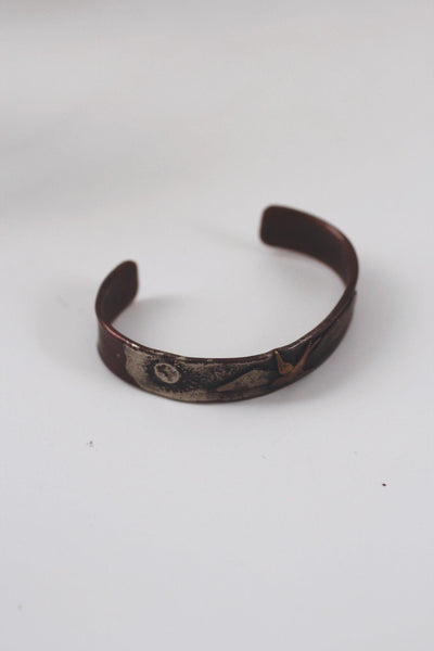 Vintage Silver Copper Brass Bird Cuff Bracelet Mountain Sun Landscape Artisan Handmade