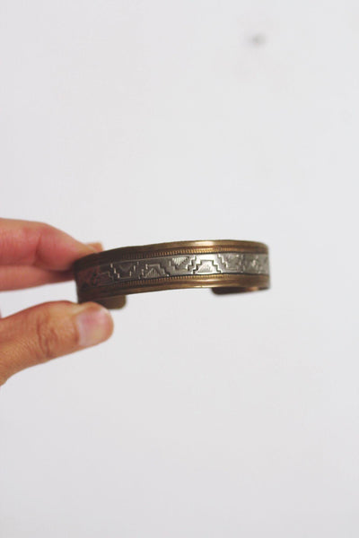 Handmade Brass Silver Cuff Bracelet Engraved Geometric Vintage Native American