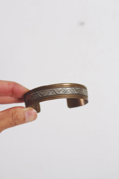 Handmade Brass Silver Cuff Bracelet Engraved Geometric Vintage Native American
