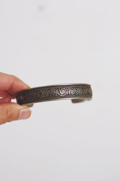 Vintage Silver Engraved Cuff Bracelet Floral Scrollwork Etched Dragon Tibet Nepal Boho