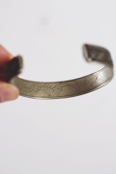 Vintage Silver Engraved Cuff Bracelet Floral Scrollwork Etched Dragon Tibet Nepal Boho