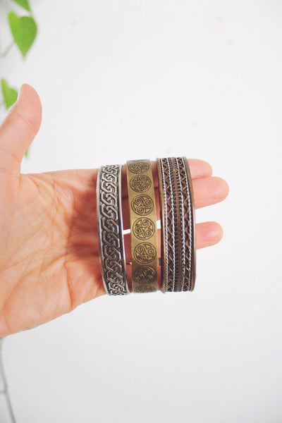Vintage Bronze Brass Silver Cuff Bracelets Set Of 3 Lot Traditional Celtic Stackable Boho