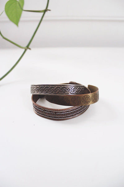 Vintage Bronze Brass Silver Cuff Bracelets Set Of 3 Lot Traditional Celtic Stackable Boho