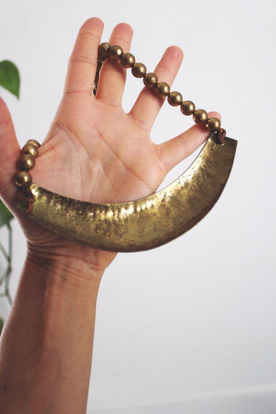 Vintage Hammered Brass Crescent Bib Statement Necklace Handcrafted Boho Rustic