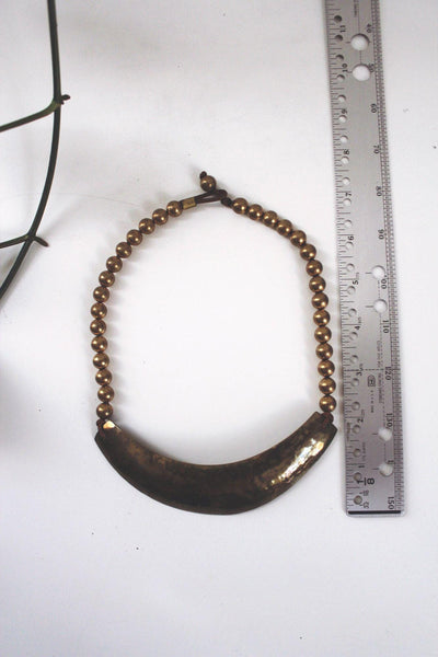 Vintage Hammered Brass Crescent Bib Statement Necklace Handcrafted Boho Rustic