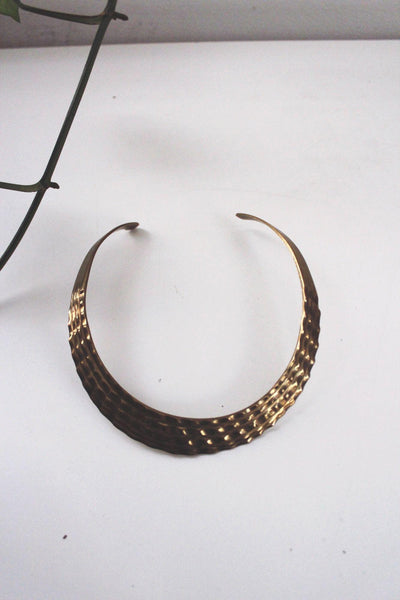 Vintage Solid Brass Textured Collar Torque Choker Necklace Statement Jewelry Boho