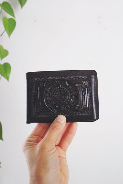 Vintage Black Mexican Hand-Tooled Leather Wallet Embossed Aztec Calendar Handcrafted