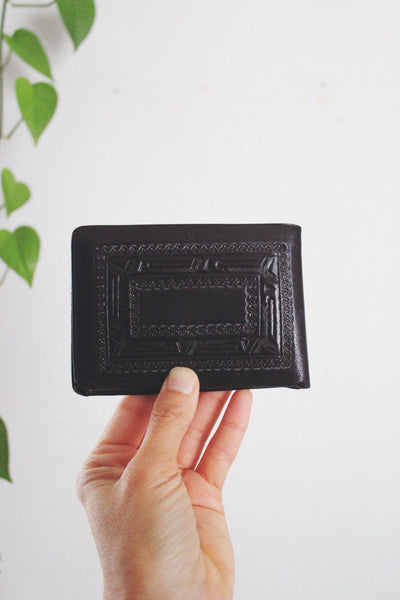 Vintage Black Mexican Hand-Tooled Leather Wallet Embossed Aztec Calendar Handcrafted