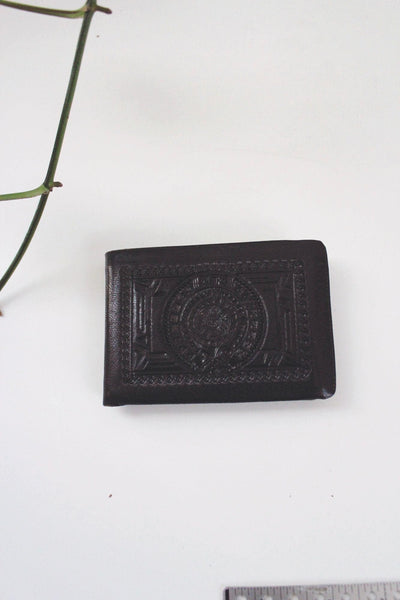 Vintage Black Mexican Hand-Tooled Leather Wallet Embossed Aztec Calendar Handcrafted