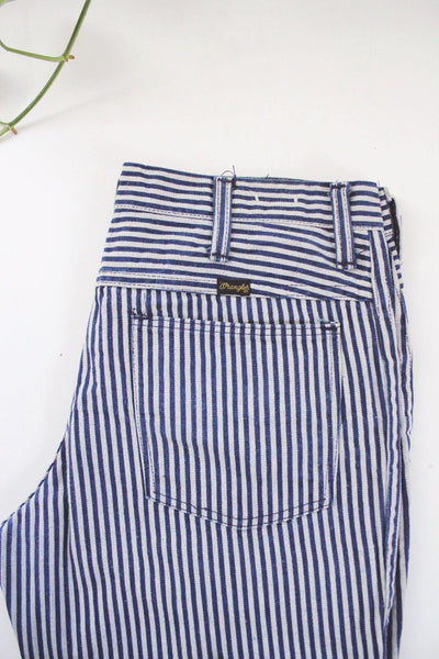 Vintage 70s Wrangler Blue White Striped Stripe Bush Pants Flared Bell Bottom High-Waisted