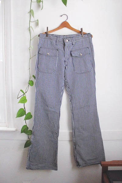 Vintage 70s Wrangler Blue White Striped Stripe Bush Pants Flared Bell Bottom High-Waisted