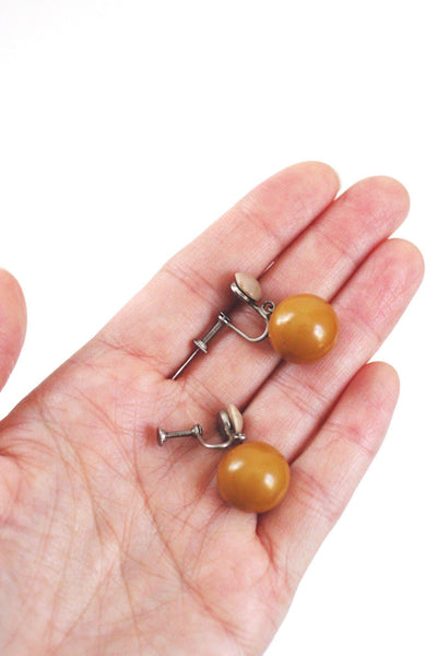 Vintage Butterscotch Bakelite Screw Back Drop Earrings Egg Yolk Retro 30s 40s Jewelry