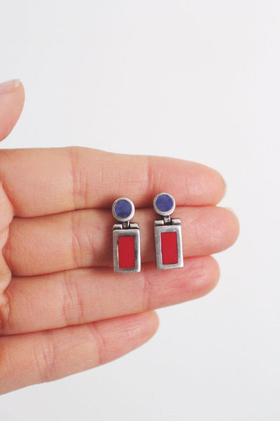 Vintage 925 Sterling Silver Red Blue Geometric Earrings Studs Modernist Makers Mark