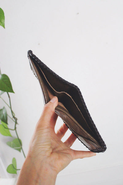 Vintage Bifold Brown Leather Wallet Whipstitch Border Handcrafted Worn Western