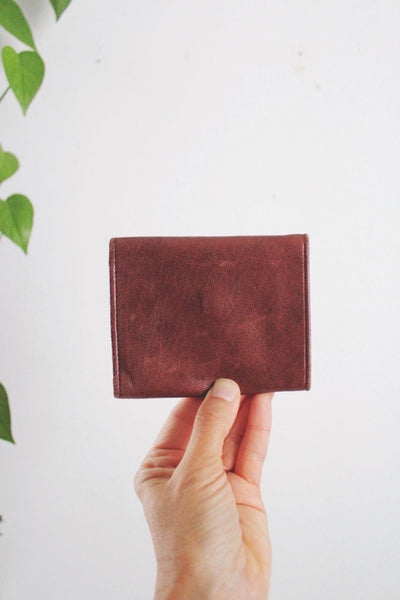 Vintage Compact Leather Tri-Fold Wallet Brass Retro Reddish Brown Patina Worn