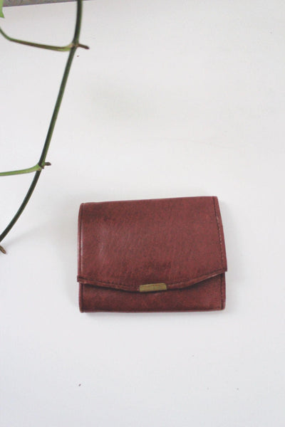 Vintage Compact Leather Tri-Fold Wallet Brass Retro Reddish Brown Patina Worn