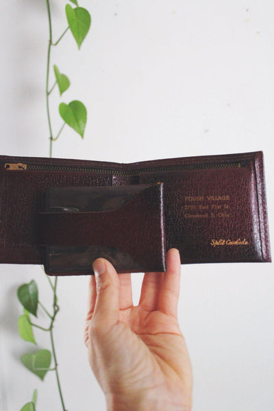 Vintage Burgundy Split Cowhide Leather Wallet Zippered Pocket Card Holder Mens