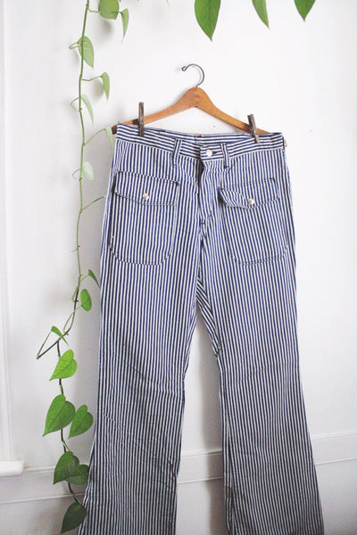 Vintage 70s Wrangler Blue White Striped Stripe Bush Pants Flared Bell Bottom High-Waisted