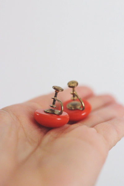 Vintage Cherry Red Button Earrings Screw Back Closure Retro Bold 30s 40s 50s Clip On