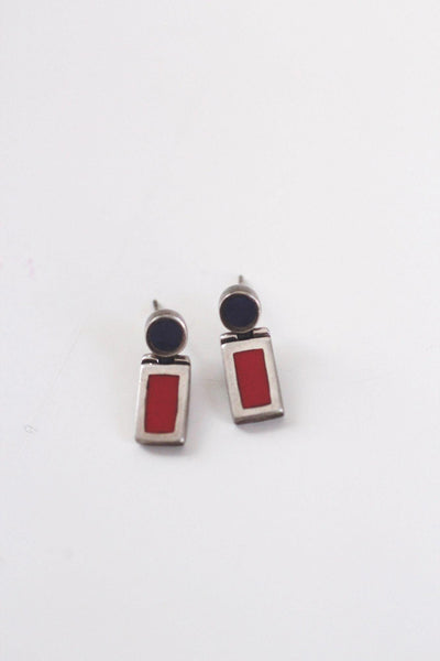 Vintage 925 Sterling Silver Red Blue Geometric Earrings Studs Modernist Makers Mark