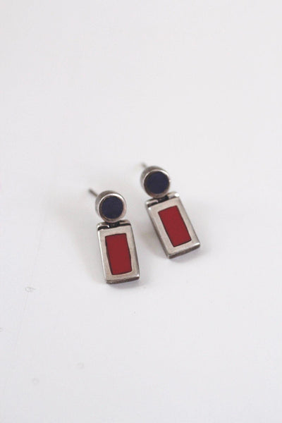 Vintage 925 Sterling Silver Red Blue Geometric Earrings Studs Modernist Makers Mark