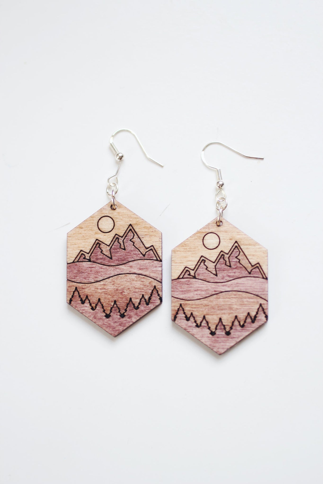Hexagon Mountain Scene Wood Earrings