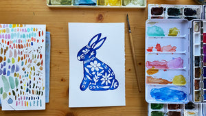 Floral Rabbit Video Class Lesson - Painting Using Masking Fluid + Watercolor or Gouache