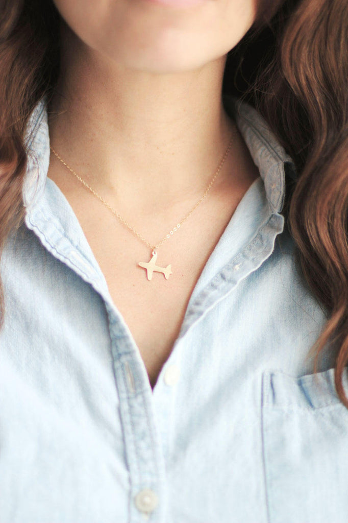 Tiny Airplane Necklace Brass