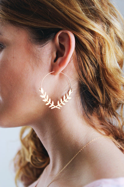 Laurel Wreath Hoop Earrings | Laurel Branch Earrings | Leaf Earrings | Statement Earrings | Statement Jewelry | Brass Gold Earrings