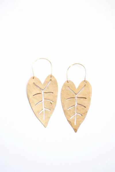 Heart Leaf Hoop Earrings | Tropical Earrings | Leaf Earrings | Statement Earrings | Statement Jewelry | Brass Gold Earrings | Brass Earrings