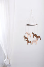 Load image into Gallery viewer, Wooden Dala Horse Mobile | Nursery Decor | Crib Mobile | Home Decor | Palm Leaf | Wood Mobile | Baby Room | Scandinavian Decor