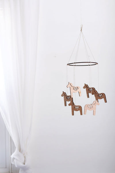Wooden Dala Horse Mobile | Nursery Decor | Crib Mobile | Home Decor | Palm Leaf | Wood Mobile | Baby Room | Scandinavian Decor