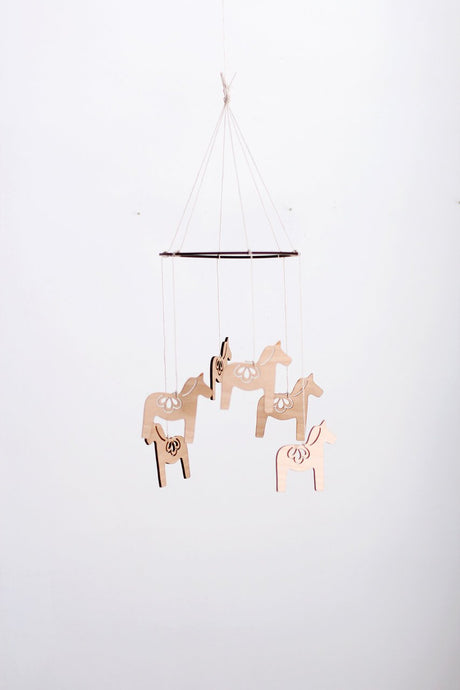 Wooden Dala Horse Mobile | Nursery Decor | Crib Mobile | Home Decor | Palm Leaf | Wood Mobile | Baby Room | Scandinavian Decor