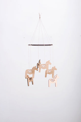 Wooden Dala Horse Mobile | Nursery Decor | Crib Mobile | Home Decor | Palm Leaf | Wood Mobile | Baby Room | Scandinavian Decor