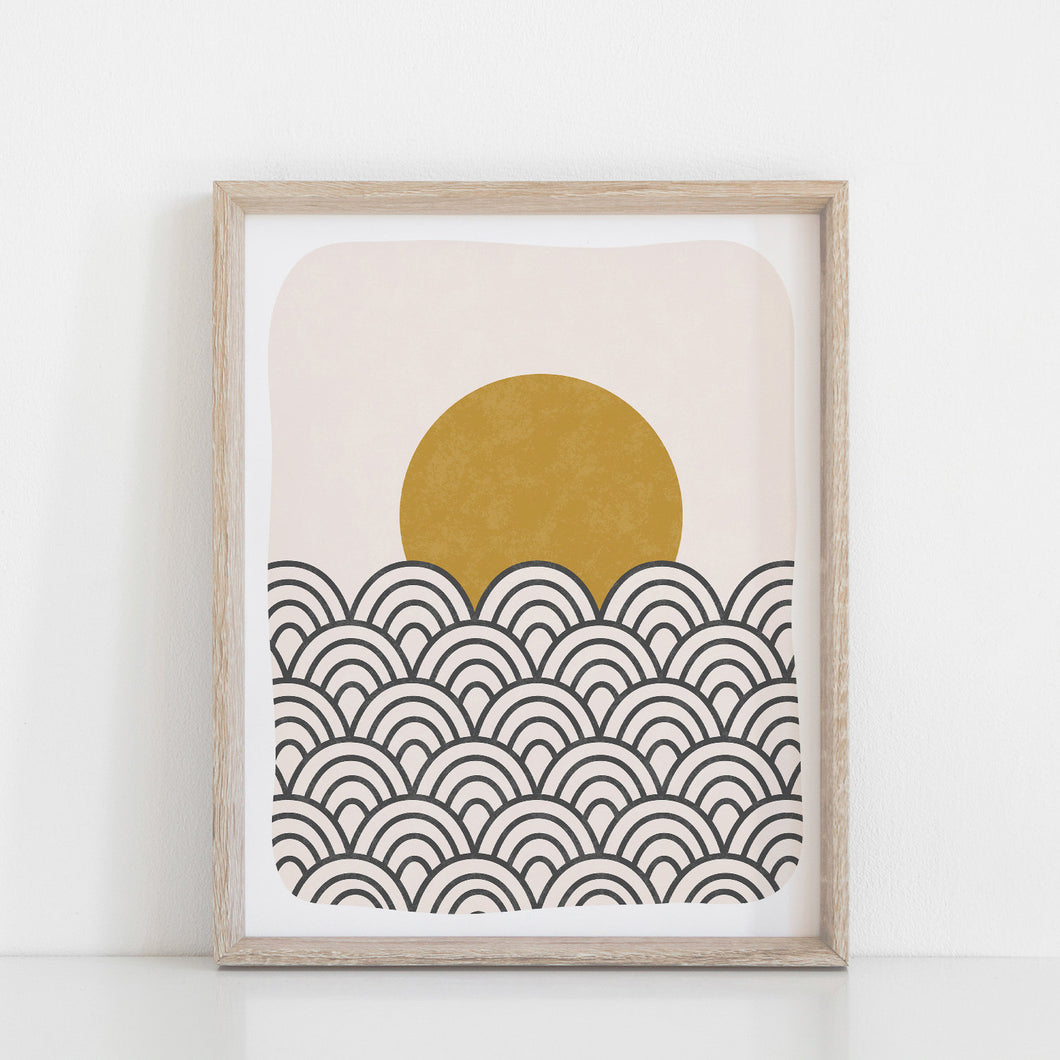 SECONDS SALE 30% Off - Waves & Sun Art Print - Black Ochre 