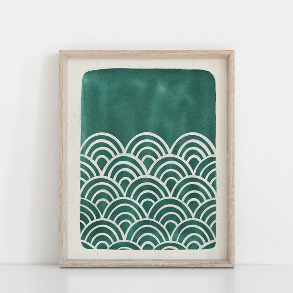 Scallop Waves Wall Art Print - Teal Blue Green | Water Art | Watercolor Art | Blue Art | Block Print | Ocean Art | 5x7 8x10 11x14