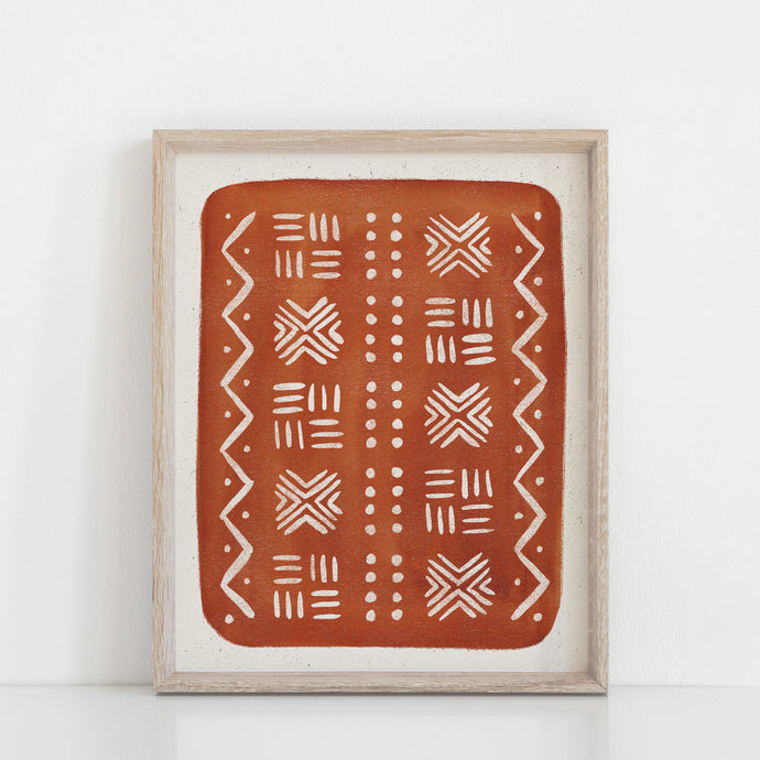 Mud Cloth Pattern Wall Art Print - Rust | Pattern Art | Watercolor Art | Red Art | Block Print | Geometric Art | Rust Art | 5x7 8x10 11x14