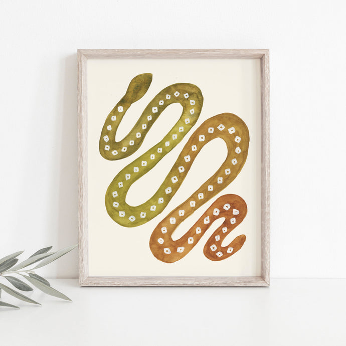 Snake Wall Art Print - Green Brown | Nature Art | Watercolor Art | Green Art | Snake Art | Animal Art | 5x7 8x10 11x14 16x20