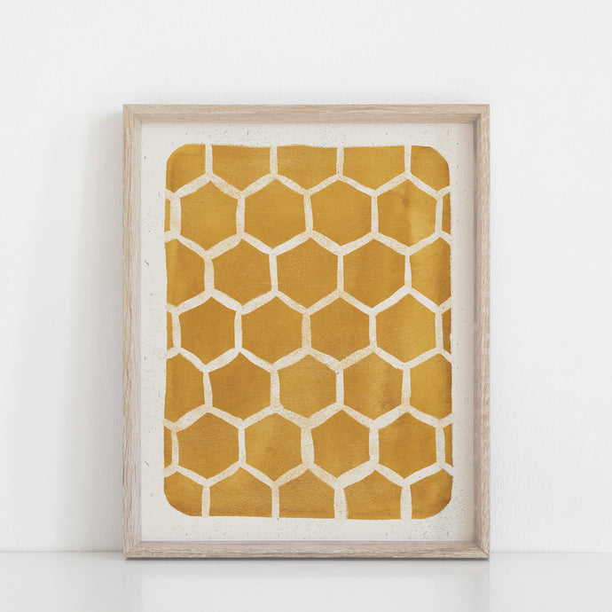 Honeycomb Pattern Wall Art Print - Gold | Honeycomb Art | Watercolor Art | Block Print | Geometric Art | Mustard Art | 5x7 8x10 11x14