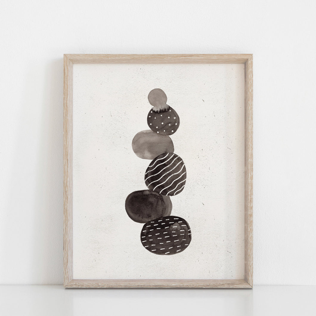 Ink Stacking Rocks Wall Art Print - Black + Cream | Modern Wall Art | Minimalist Art Print | Ink Art | Rock Art | Pebble Art | 5x7 8x10