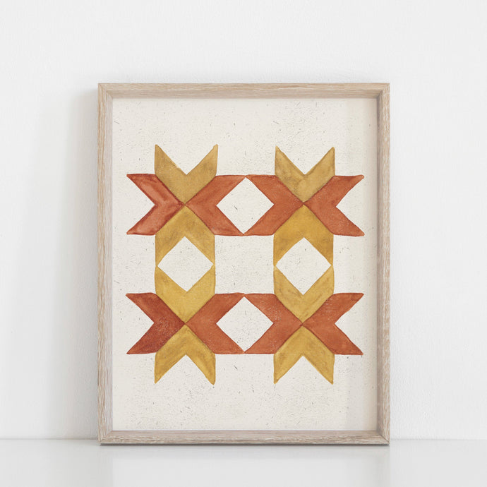 Watercolor Chevron Quilt Wall Art Print - Rust + Mustard | Geometric Wall Art | Quilt Art Print | Watercolor Art Print | Minimalist Art