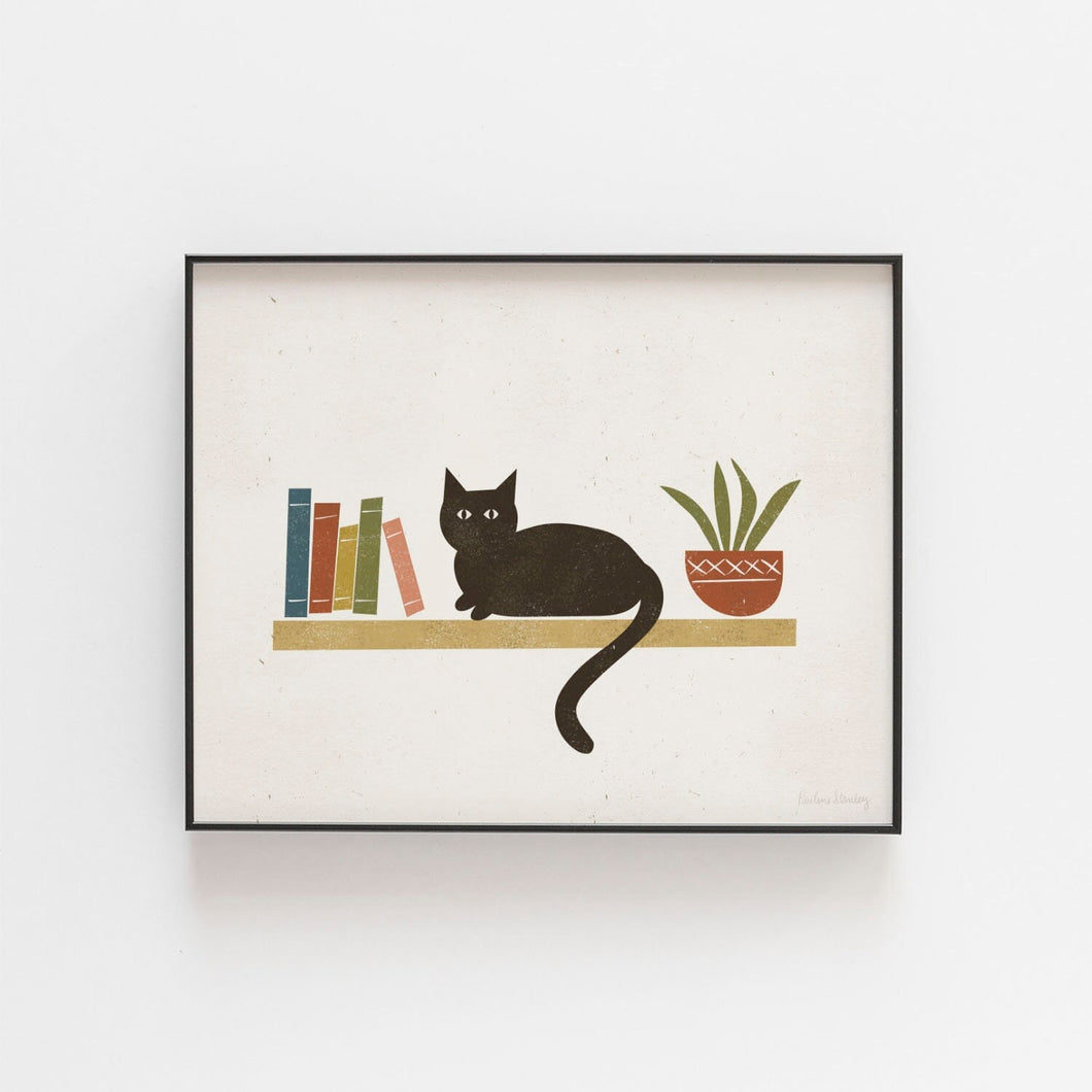 Black Cat on Shelf Wall Art Print