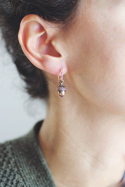 Tiny Acorn Charm Earrings | Fall Earrings | Fall Jewelry | Minimalist Earrings | Modern Jewelry | Nature Earrings | Huggie Hoops