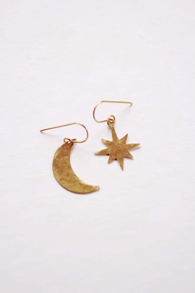 Hammered Moon Star Earrings | Drop Earrings | Hammered Earrings | Star Earrings | Moon Earrings | Modern Jewelry | Brass Earrings