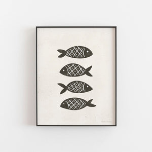 Four Fishes Black Cream Art Print | Nature Art | Ginkgo Art | Watercolor Art | Fish Art | 5x7 8x10 11x14 12x16 16x20 18x24
