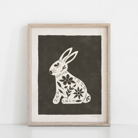 Floral Rabbit Black Cream Art Print | Animal Art | Rabbit Art | Floral Art | Watercolor Art | 5x7 8x10 11x14 12x16 16x20 18x24