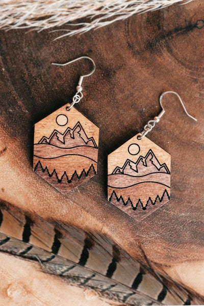 Hexagon Mountain Scene Wood Earrings